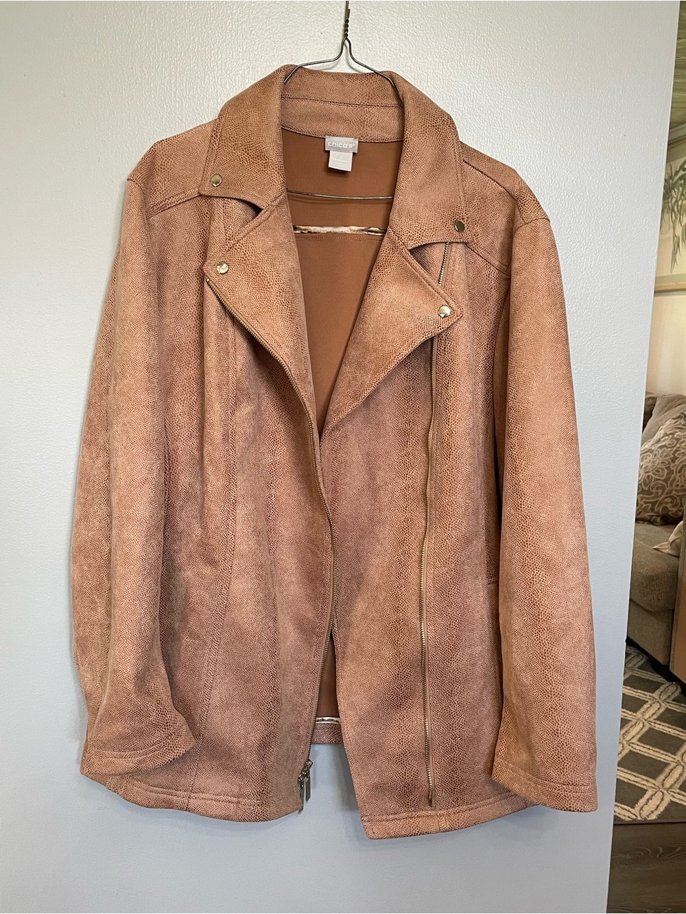 Chico’s Tan Faux Leather Textured Moto Jacket Size 4